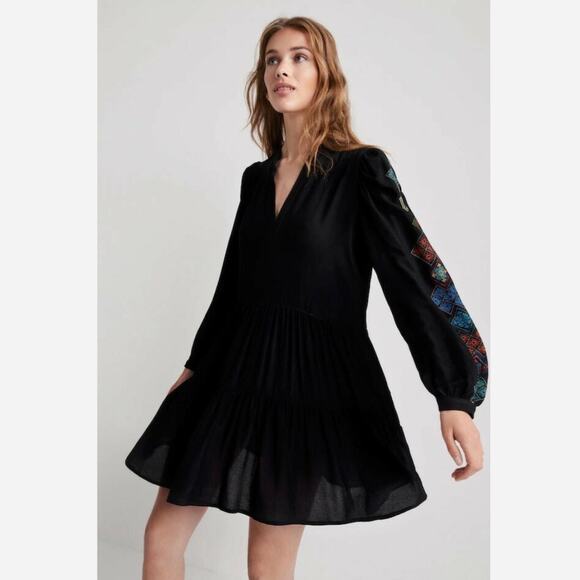 Desigual Calendula Balloon Sleeve V-Neck Tiered Mini Dress in Black Size S NWT - Picture 16 of 16